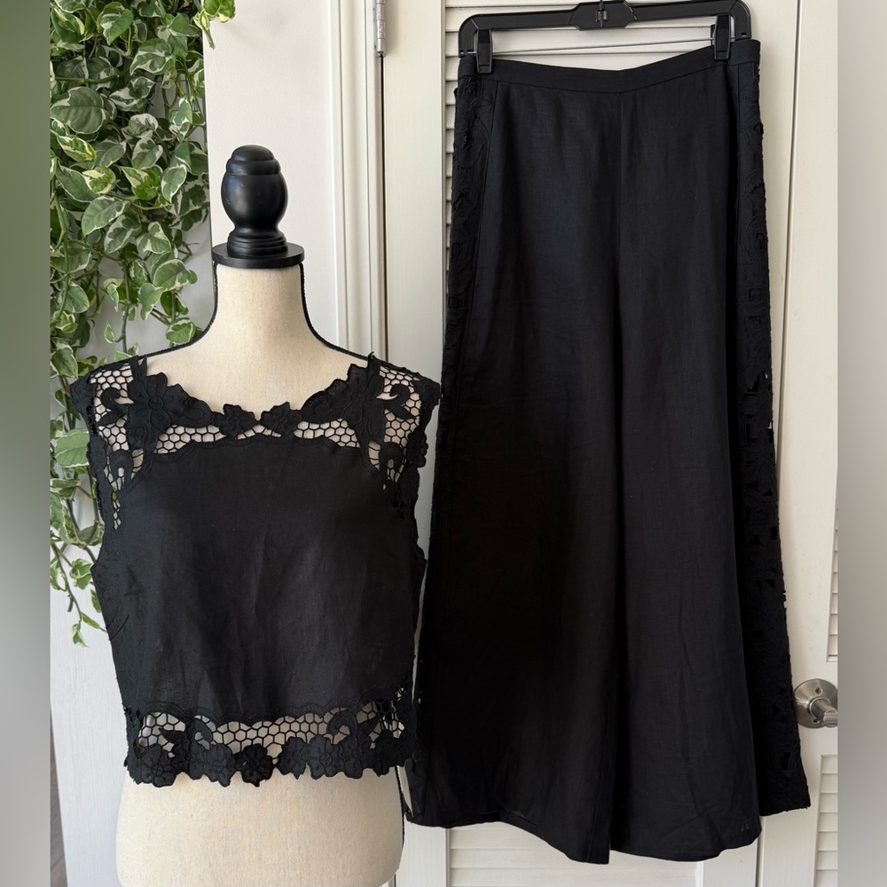 Zimmermann Black Linen Lace Wide-Leg Pants & Crop Top Set Sz M